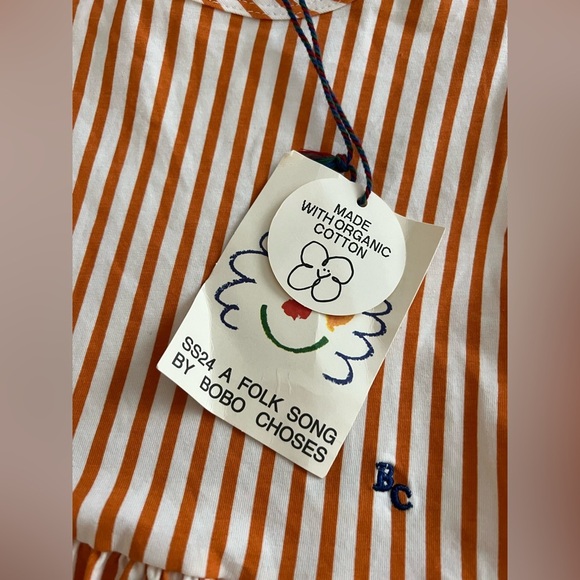 Bobo Choses, Girl’s Orange Vertical Stripes Ruffle Sleeves Dress - Picture 7 of 9